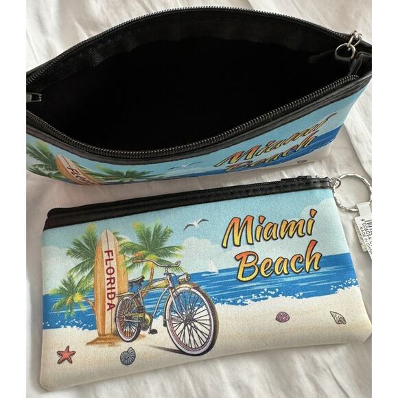 MIAMI BEACH "Palm Tree Waves Sand Bird” Soft Zipper Pouch keyring 7 in” NEW - Picture 2 of 4